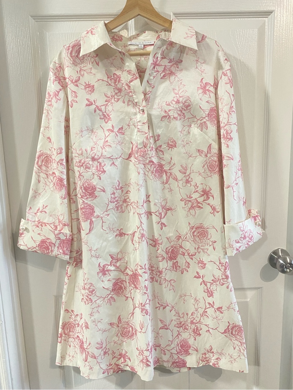 NWOT Preston & York WMNS 14 XL Floral Pink & White MIDI Dress Pearls 3/4 sleeves